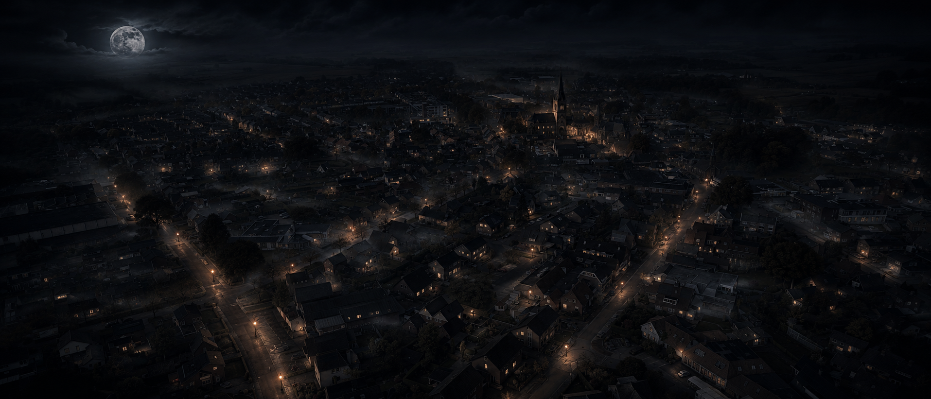 Luchtfoto van Wehl bij nacht met de kerktoren en verlichte straten onder een volle maan